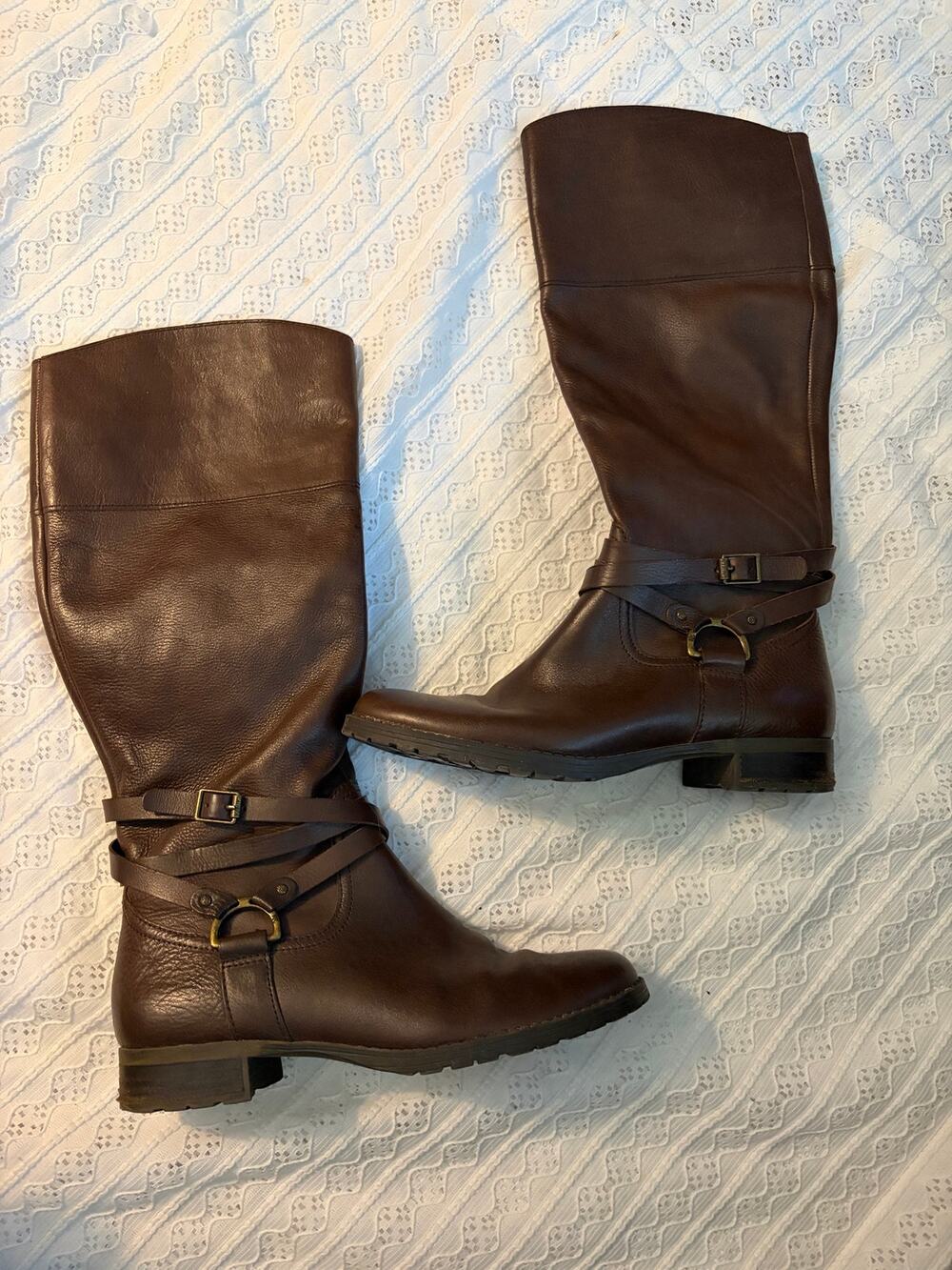 Ralph Lauren Sonya Leather Tall Riding Boots Brown Buckle Womens Size 8